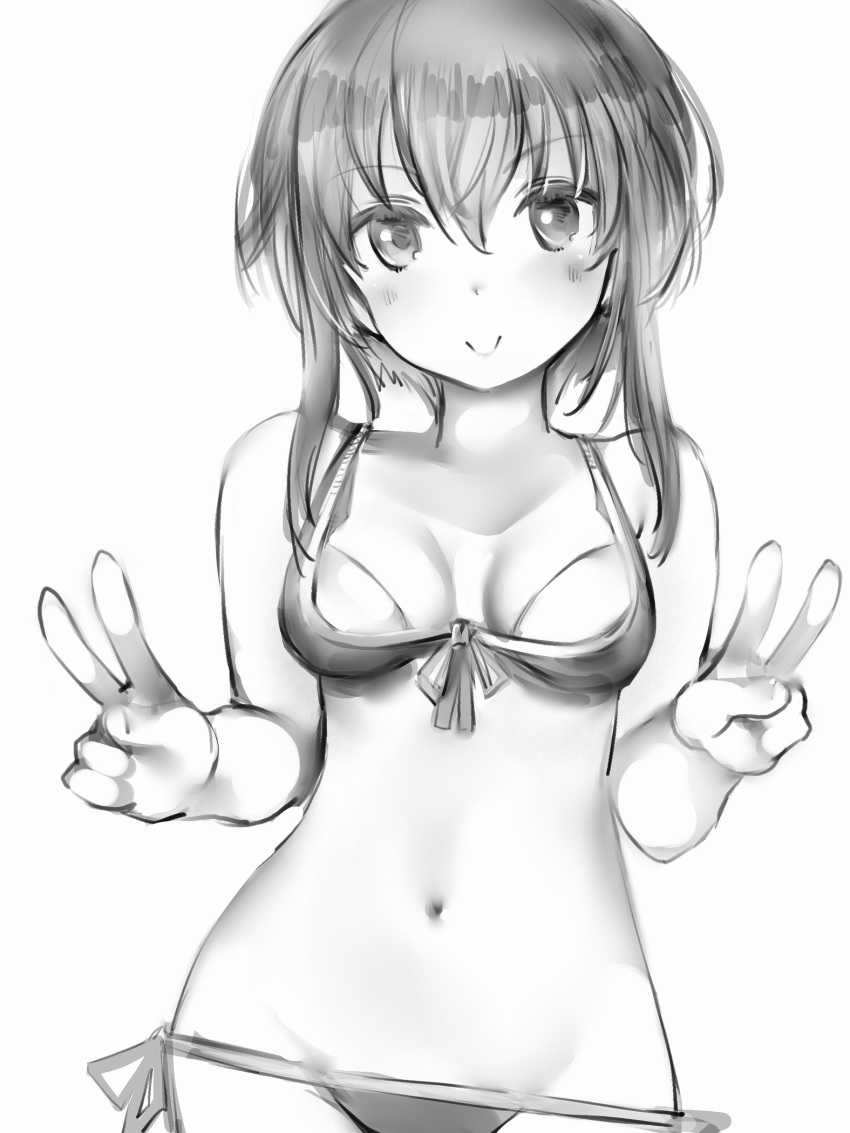 alice_gear_aegis bad_id bad_pixiv_id bare_arms bare_shoulders bikini breasts cowboy_shot double_v female greyscale hands_up highres kanagata_sugumi looking_at_viewer medium_breasts monochrome nanashi_(nlo) navel side-tie_bikini_bottom simple_background smile solo standing swimsuit v white_background