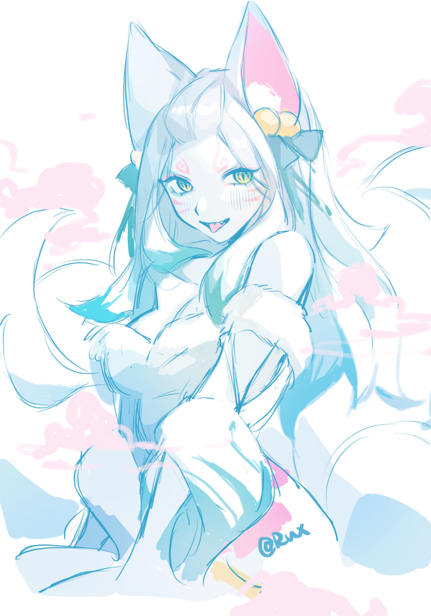 absurdres ahri_(league_of_legends) animal_ears artist_name bangs_pinned_back blush breasts colored_skin facial_mark female forehead fox_ears fox_tail highres league_of_legends long_hair looking_at_viewer medium_breasts multiple_tails ruan_chen_yue slit_pupils solo spirit_blossom_(league_of_legends) spirit_blossom_ahri tail tongue tongue_out upper_body white_hair white_skin yellow_eyes