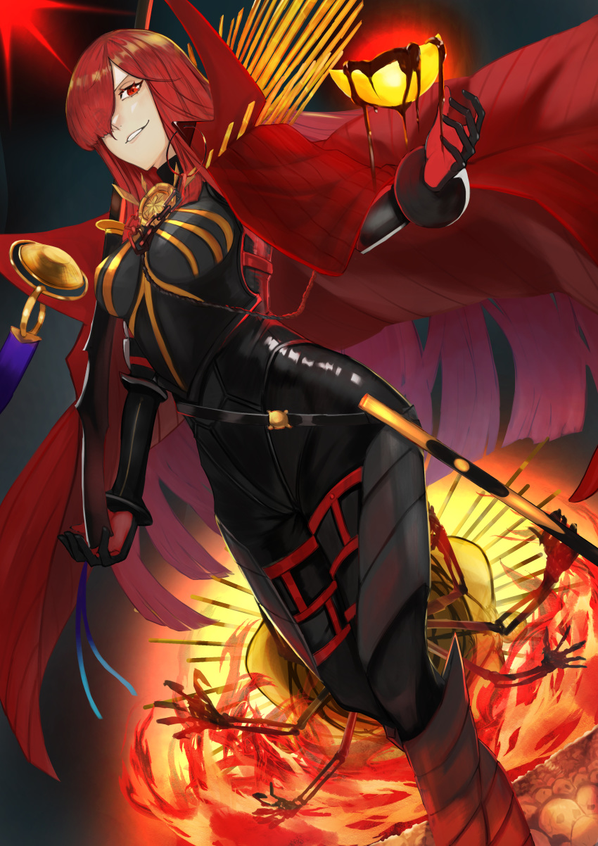 absurdres armored_boots belt bodysuit boots breasts cape collared_cape crest family_crest fate/grand_order fate_(series) female fire gyamu_(chewing-gum) hair_over_one_eye highres koha-ace large_breasts long_hair looking_at_viewer oda_nobunaga_(fate) oda_nobunaga_(maou_avenger)_(fate) oda_uri popped_collar red_cape red_eyes red_hair sheath skeleton smile