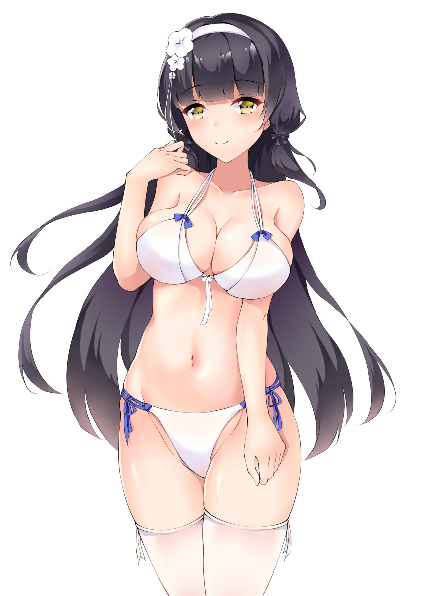 absurdres arm_up bare_shoulders bikini black_hair breasts clark_(159123) cleavage closed_mouth collarbone feet_out_of_frame female flower girls'_frontline hair_flower hair_ornament hairband highres large_breasts light_blush long_hair looking_at_viewer navel official_alternate_costume smile solo standing swimsuit thighhighs type_95_(girls'_frontline) type_95_(summer_cicada)_(girls'_frontline) white_background white_bikini white_hairband white_thighhighs yellow_eyes