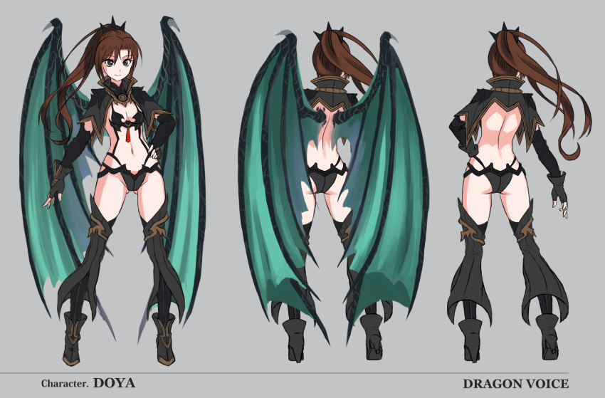 armor bikini_armor black_capelet black_eyes black_footwear black_gloves black_legwear breasts brown_hair capelet detached_sleeves dragon_wings female fingerless_gloves full_body gloves green_wings grey_background hand_on_own_hip highres long_hair looking_at_viewer multiple_views navel original ponytail shoes small_breasts thighhighs wings wolksheep