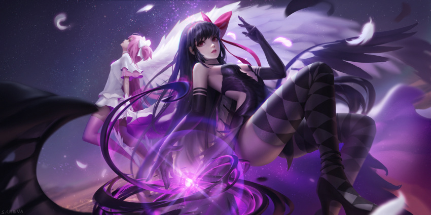 2girls akemi_homura akuma_homura black_hair breasts dress elbow_gloves gloves kaname_madoka long_hair mahou_shoujo_madoka_magica mahou_shoujo_madoka_magica_movie pink_hair red_eyes sarena short_hair thighhighs ultimate_madoka wings yellow_eyes