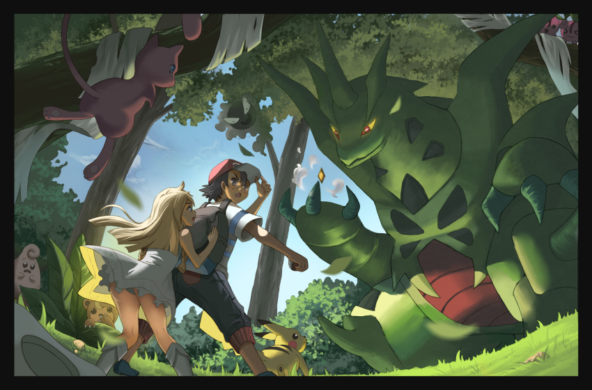 1boy adjusting_clothes adjusting_headwear bag baseball_cap black_hair blonde_hair cherubi cleffa commentary dall_amber dress english_commentary female gastly hat highres lillie_(pokemon) long_hair mega_pokemon mega_tyranitar mew_(pokemon) outdoors photoshop_(medium) pikachu pokemon pokemon_(anime) pokemon_(creature) pokemon_sm_(anime) satoshi_(pokemon) shirt striped_clothes striped_shirt teddiursa tyranitar white_dress z-crystal