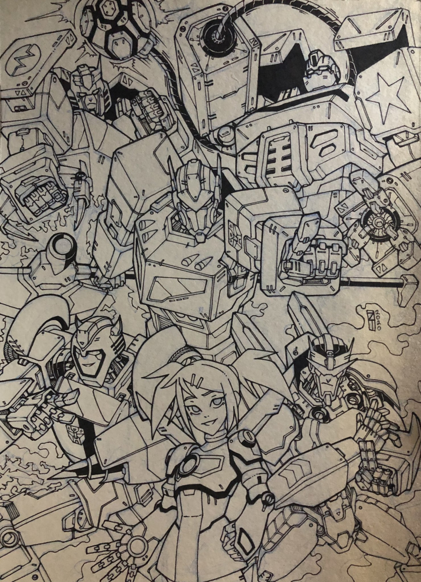 5boys assault_visor autobot bulkhead bumblebee_(transformers) clenched_hands drill female hand_on_own_hip highres ink_(medium) lextodrawstuff line_art mecha multiple_boys open_hand optimus_prime optimus_prime_(animated) pointing prowl_(transformers) ratchet_(transformers) robot sari_sumdac science_fiction short_hair traditional_media transformers transformers_animated twintails v-fin