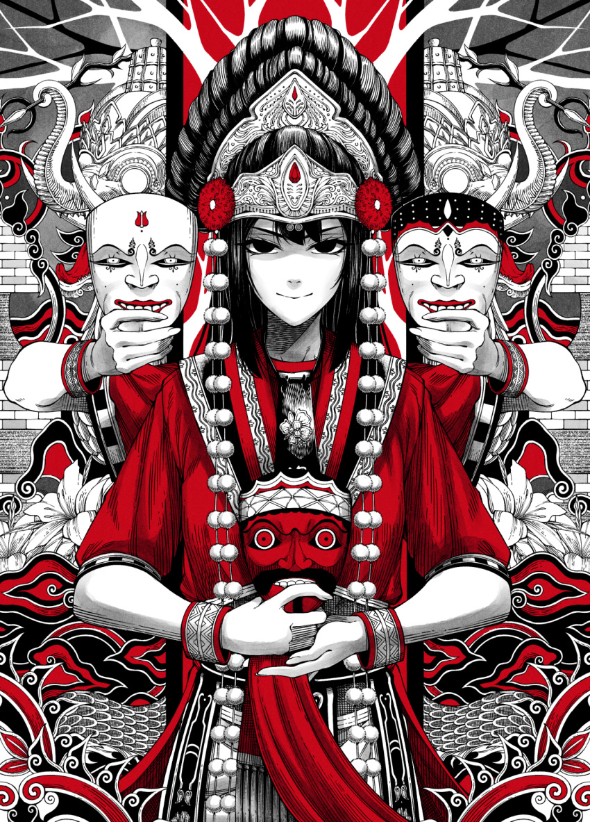 black_hair commentary elephant female headdress highres holding holding_mask indonesian_clothes long_hair looking_at_viewer mask monochrome original pom_pom_(clothes) red_shirt shirt wristband yugo_(yugotme97)