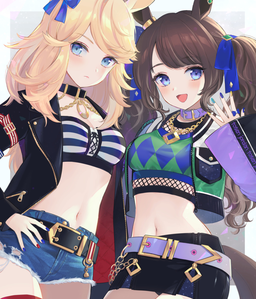 2girls animal_ears belt blonde_hair blue_bow blue_eyes blue_nails blue_ribbon blush bow brown_hair choker closed_mouth collar commentary_request crop_top denim denim_shorts gold_city_(umamusume) green_nails hair_ribbon hairbow hand_on_own_hip highres horse_ears horse_girl horse_tail jewelry kkokko lips long_hair looking_at_viewer multiple_girls nail_polish navel necklace open_mouth red_nails ribbon short_shorts shorts smile swept_bangs tail tosen_jordan_(umamusume) twintails umamusume wavy_hair yellow_nails