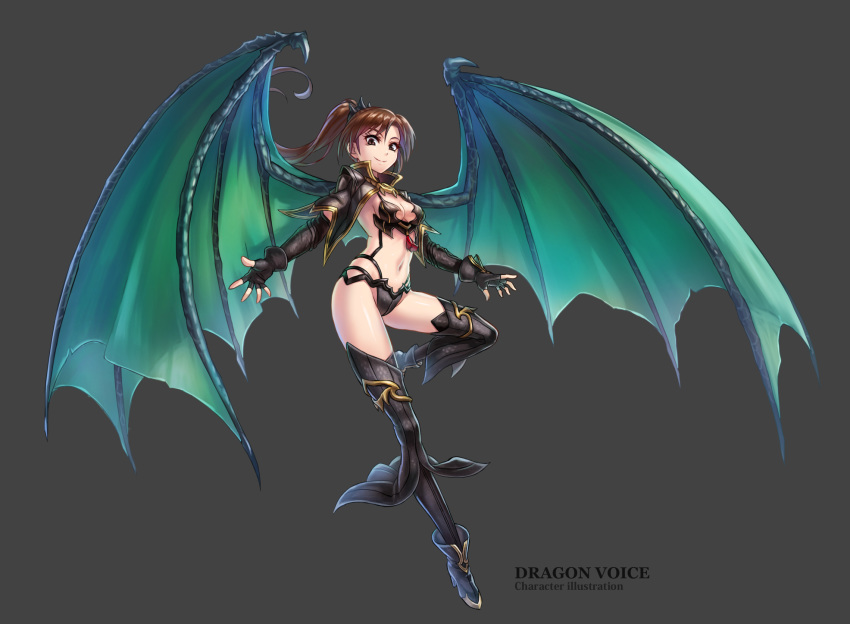 armor bikini_armor black_capelet black_footwear black_gloves black_thighhighs breasts brown_eyes brown_hair capelet detached_sleeves dragon_wings female fingerless_gloves full_body gloves green_wings grey_background highres long_hair looking_at_viewer navel original ponytail shoes small_breasts solo thighhighs wings wolksheep