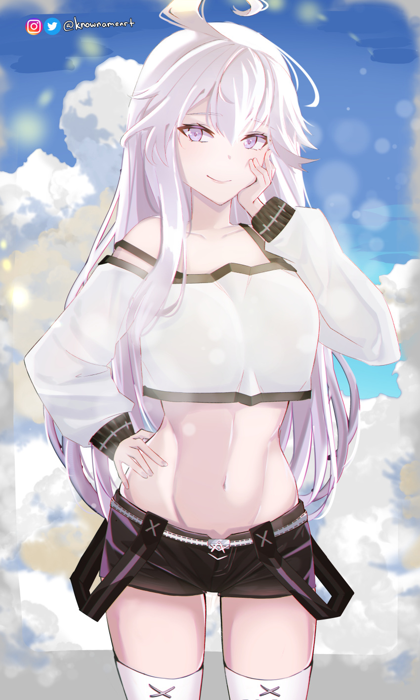 absurdres aged_up ahoge bare_shoulders black_shorts breasts cloud collarbone cowboy_shot female hand_on_own_cheek hand_on_own_face hand_on_own_hip highres instagram_logo knowname light_purple_hair long_hair long_sleeves looking_at_viewer mahoutsukai_reimeiki medium_breasts midriff navel outdoors purple_eyes short_shorts shorts sky smile solo standing stomach tank_top thighhighs twitter_logo twitter_username very_long_hair white_hair white_tank_top white_thighhighs zero_(zero_kara_hajimeru_mahou_no_sho) zero_kara_hajimeru_mahou_no_sho