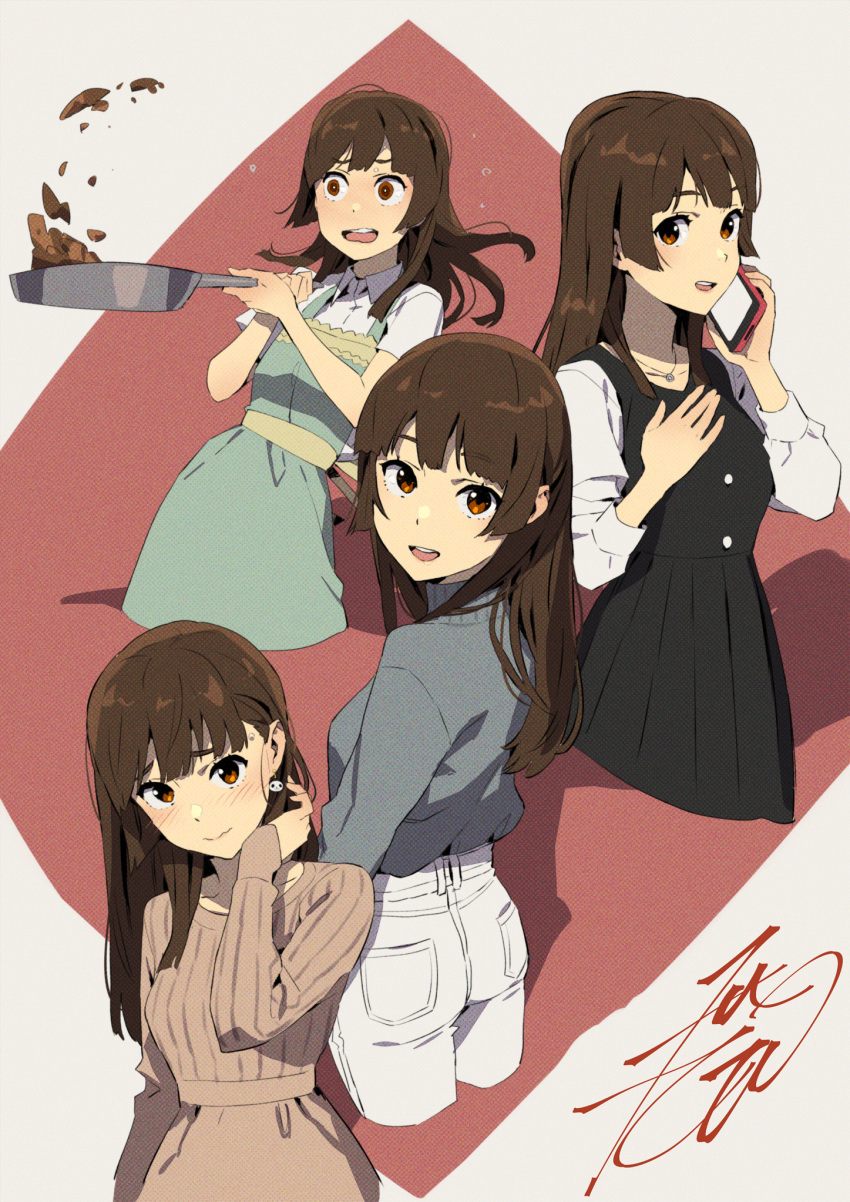 aqua_dress black_dress blunt_bangs brown_eyes brown_hair cellphone collage cooking cropped_legs dress earrings embarrassed female frying_pan grey_shirt hair_behind_ear highres hime_cut jewelry kobayashi_gen long_hair long_sleeves looking_at_viewer looking_back miyama_tsubame necklace pants parted_bangs phone pink_dress school_girl_strikers shirt short_sleeves sidelocks signature simple_background smartphone tucking_hair wavy_mouth white_pants white_shirt wide-eyed