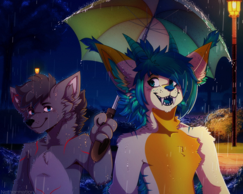 5:4 anthro canid canine canis duo female hi_res hoksho karex male male/female mammal nethermation raining romantic romantic_couple umbrella wolf zoey_ferox