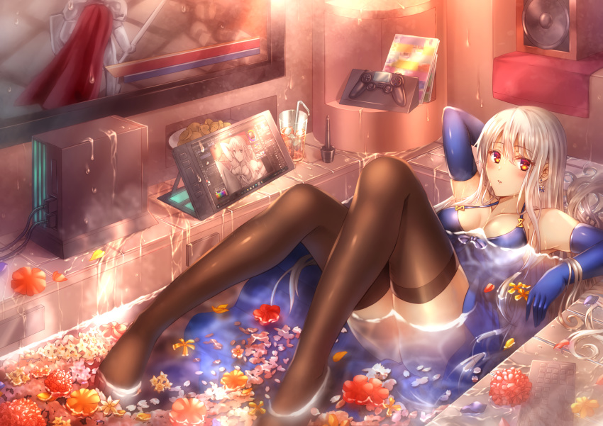 bath bathtub dress drink elbow_gloves flowers gloves long_hair original thighhighs water white_hair zhou_yu_(van)