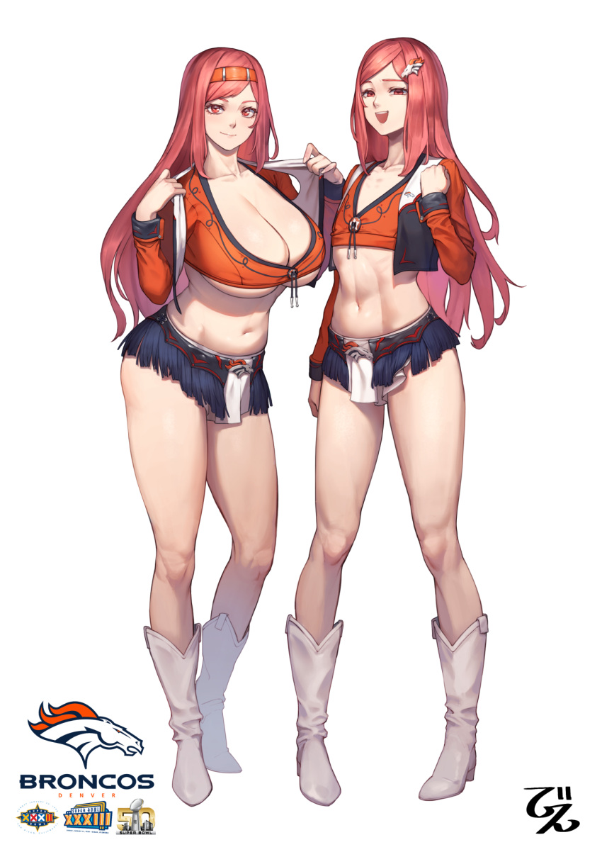 2girls beeeeen belly blue_skirt boots breasts cheerleader cleavage commentary_request commission crop_top denver_broncos drawstring flat_chest fringe_trim full_body hair_ornament hairband hairpin highres huge_breasts jacket last_origin long_hair looking_at_viewer md5_mismatch microskirt midriff multiple_girls national_football_league navel night_angel_(last_origin) open_clothes open_jacket open_mouth orange_hairband orange_shirt partial_commentary pixiv_commission red_eyes red_hair shirt siblings simple_background skirt smile standing stomach strato_angel_(last_origin) swept_bangs thighs underboob uniform very_long_hair white_background white_footwear