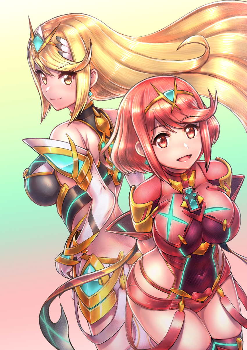 2girls bad_id bad_pixiv_id bare_legs bare_shoulders black_gloves blonde_hair breasts chest_jewel cleavage_cutout clothing_cutout dress earrings elbow_gloves fingerless_gloves fukadumeasadume gloves highres jewelry large_breasts long_hair multiple_girls mythra_(xenoblade) pyra_(xenoblade) red_eyes red_hair red_legwear red_shorts short_dress short_hair short_shorts shorts swept_bangs thigh_strap thighhighs tiara very_long_hair white_dress white_gloves xenoblade_chronicles_(series) xenoblade_chronicles_2 yellow_eyes