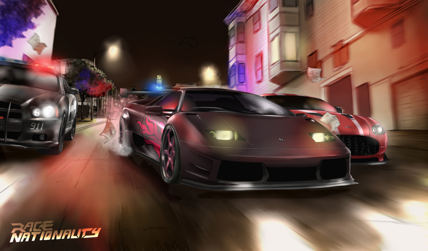 absurdres aston_martin aston_martin_dbs car dodge_(company) dodge_charger flame_print floating headlight highres lamborghini lamborghini_diablo motion_blur motor_vehicle no_humans original paper police police_car racing raffijoe5 sports_car vehicle_focus