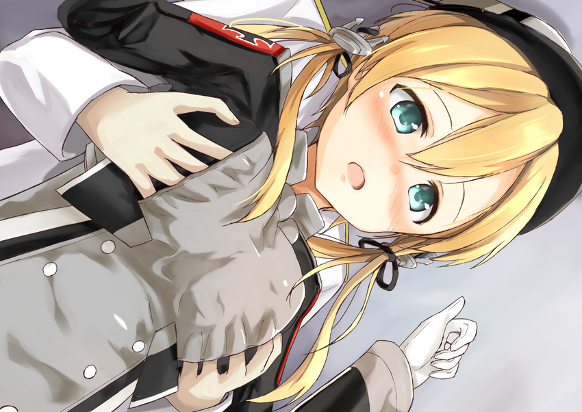 1boy admiral_(kancolle) anchor_hair_ornament aqua_eyes blonde_hair bluekalmia blush breasts commentary dutch_angle female gloves grabbing grabbing_another's_breast grabbing_from_behind gradient_background grey_background groping hair_ornament hand_under_clothes hat kantai_collection long_hair looking_at_viewer military military_uniform open_mouth peaked_cap prinz_eugen_(kancolle) small_breasts straight twintails uniform upper_body white_gloves