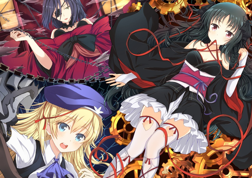 3girls arm_belt bare_shoulders black_hair blonde_hair blue_eyes blush breasts bridal_gauntlets chains charlotte_belew chinese_commentary choker cleavage commentary_request dragon eyepatch gears hair_ribbon halterneck hat japanese_clothes jianren karyuusai_shouko kimono lipstick long_hair looking_at_viewer machine-doll_wa_kizutsukanai makeup multiple_girls neckerchief obi open_mouth ribbon sash short_kimono sigmund_(machine-doll) small_breasts thighhighs very_long_hair white_legwear yaya_(machine-doll)