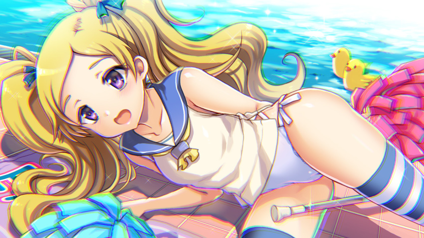 blonde_hair commentary_request emily_stewart female idolmaster idolmaster_million_live! kumao_mofumofu long_hair lying on_side pom_pom_(cheerleading) purple_eyes rubber_duck sailor_collar solo thighhighs twintails twirl_baton