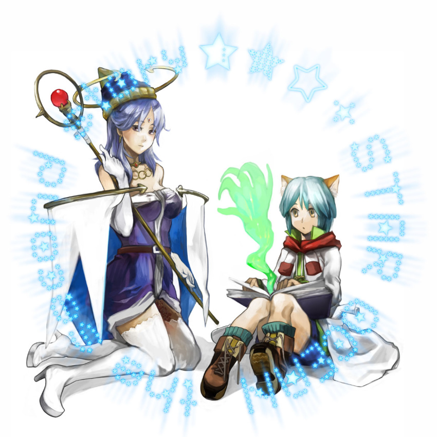 1boy animal_ears blue_hair boots breasts cat_ears celine_jules cleavage commentary_request detached_cape detached_sleeves elbow_gloves female gloves high_heel_boots high_heels highres legs leon_geeste long_hair oyuyamio pointy_ears short_hair skirt star_ocean star_ocean_the_second_story thighhighs weapon