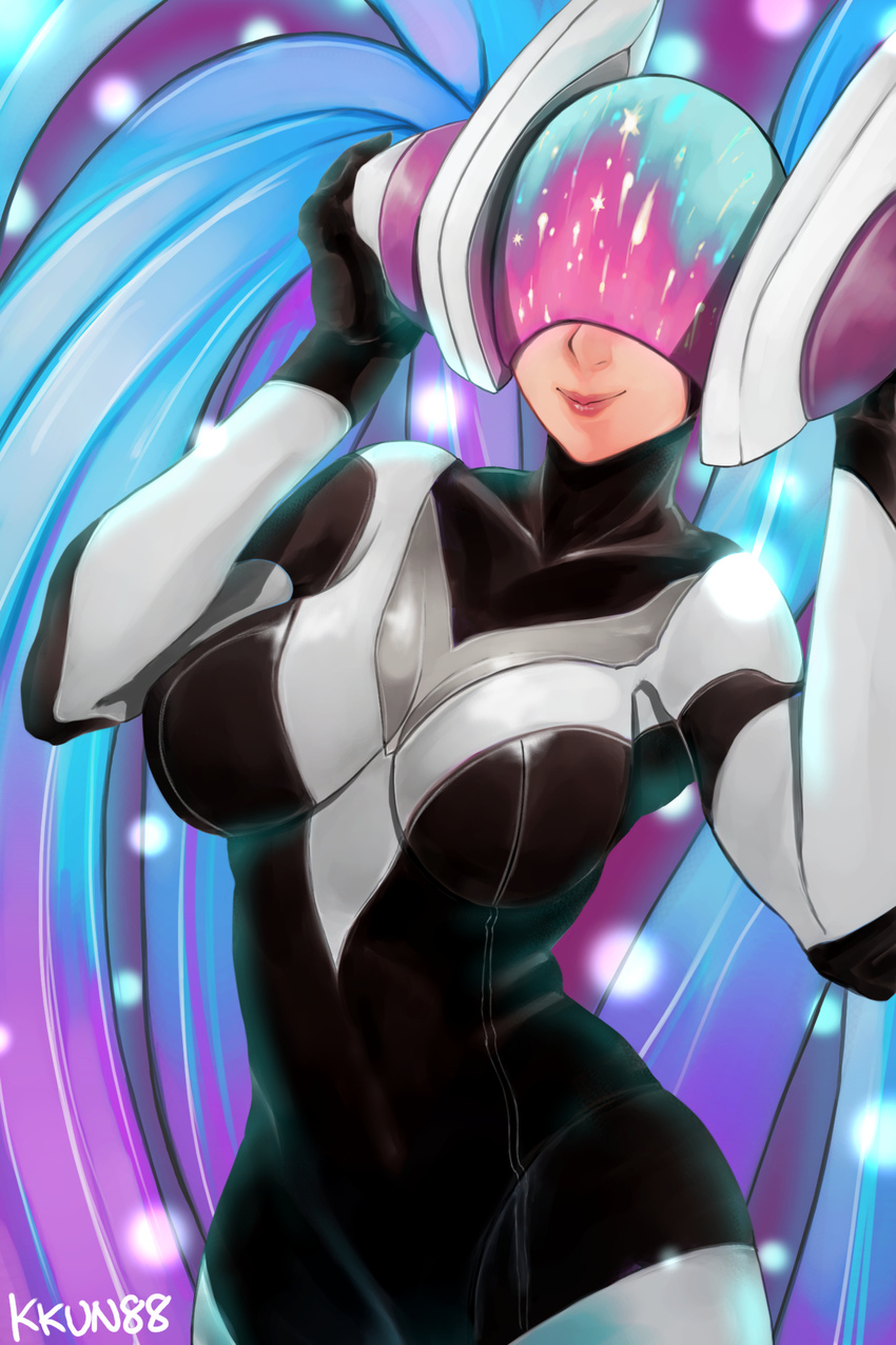 absurdres bad_id bad_pixiv_id blue_hair bodysuit breasts commentary_request dj dj_sona female headphones helmet highres kkun88 large_breasts league_of_legends lips listening_to_music nose official_alternate_costume smile solo sona_(league_of_legends) visor