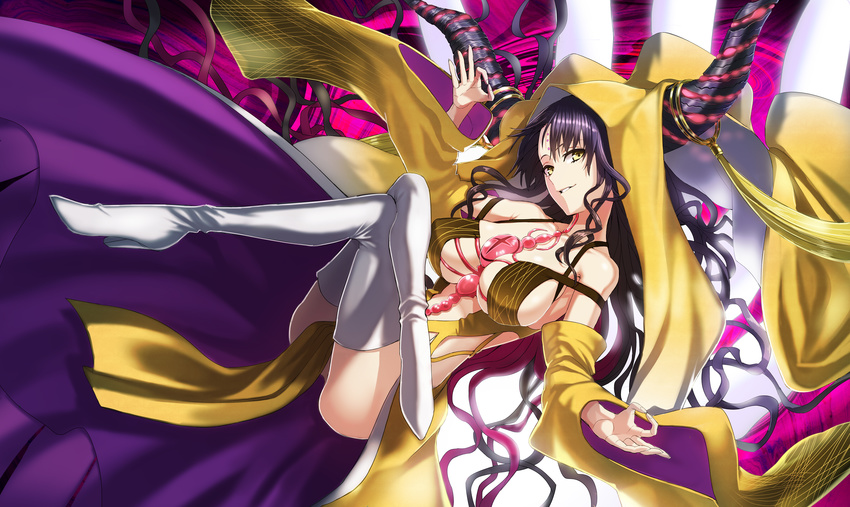 absurdres bad_id bad_pixiv_id bare_shoulders black_hair boots breasts commentary_request crossed_legs detached_sleeves facial_mark fate/grand_order fate_(series) female forehead_mark from_side highres hinomoto_madoka horns large_breasts long_hair long_sleeves looking_at_viewer looking_to_the_side mudra parted_lips partial_commentary sessyoin_kiara sessyoin_kiara_(beast_iii/r) sideboob smile solo thigh_boots thighhighs veil very_long_hair vitarka_mudra white_footwear wide_sleeves yellow_eyes