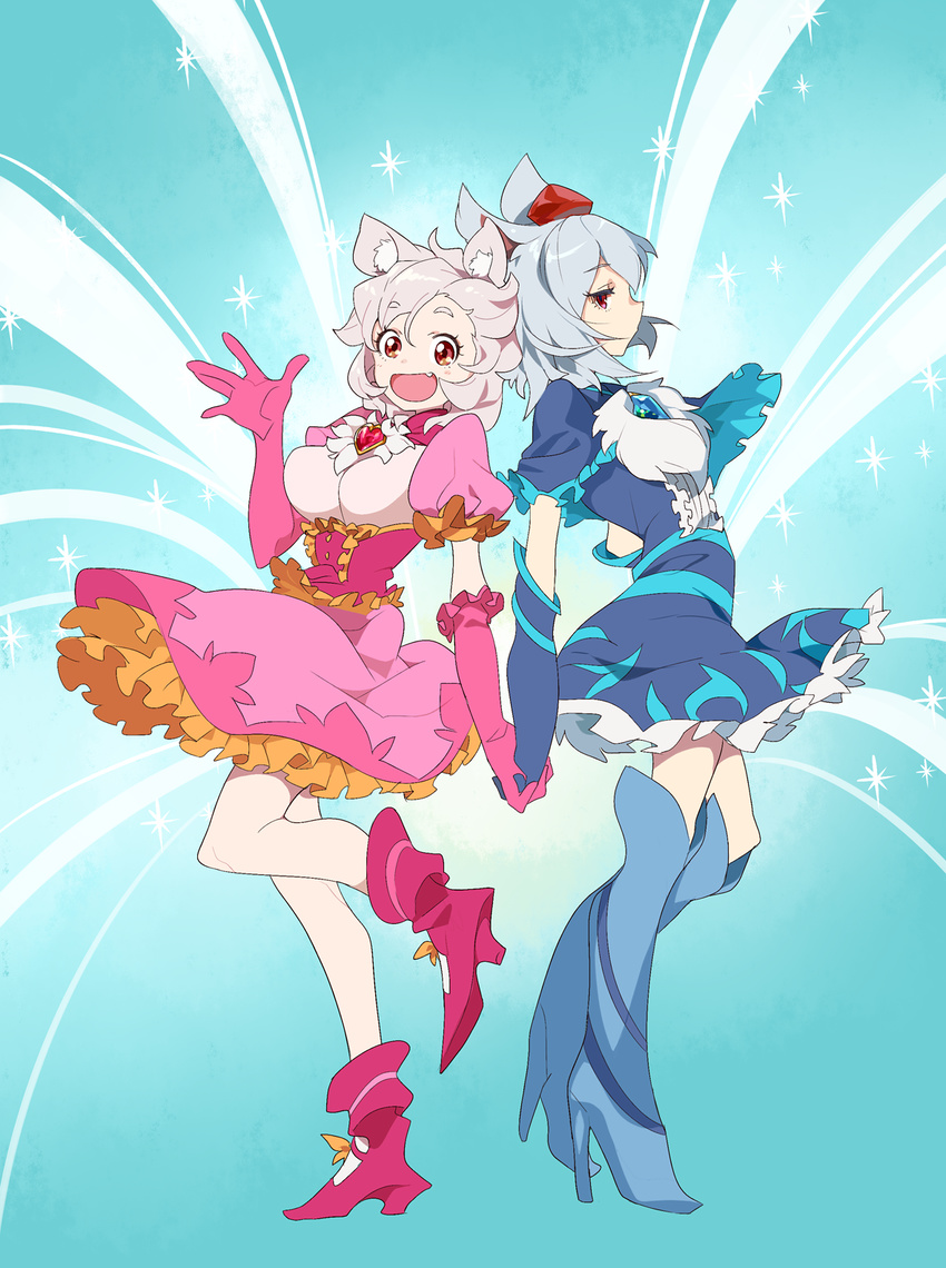 2girls 58.2kg animal_ears blue_gloves blush breasts closed_mouth commentary_request cookie_(touhou) dog_ears elbow_gloves gloves grey_hair hand_grab hat high_heels highres inu_(cookie) inubashiri_momiji large_breasts looking_at_viewer multiple_girls open_mouth pink_gloves red_eyes red_hat short_hair smile tokin_hat touhou web_(cookie) white_hair