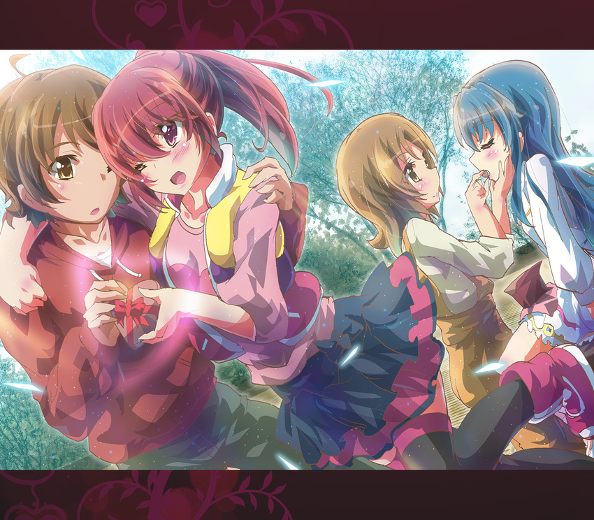 1boy 3girls ;o aino_megumi backpack bag black_skirt blue_hair blush brown_eyes brown_hair closed_eyes commentary_request dutch_angle eating eyelashes from_side happinesscharge_precure! happy highres inoshishi_(ikatomo) letterboxed long_hair long_sleeves multiple_girls one_eye_closed oomori_yuuko open_mouth pink_eyes pink_hair plant precure profile sagara_seiji shirayuki_hime shirt short_hair sidelocks skirt tree vest white_shirt yellow_eyes