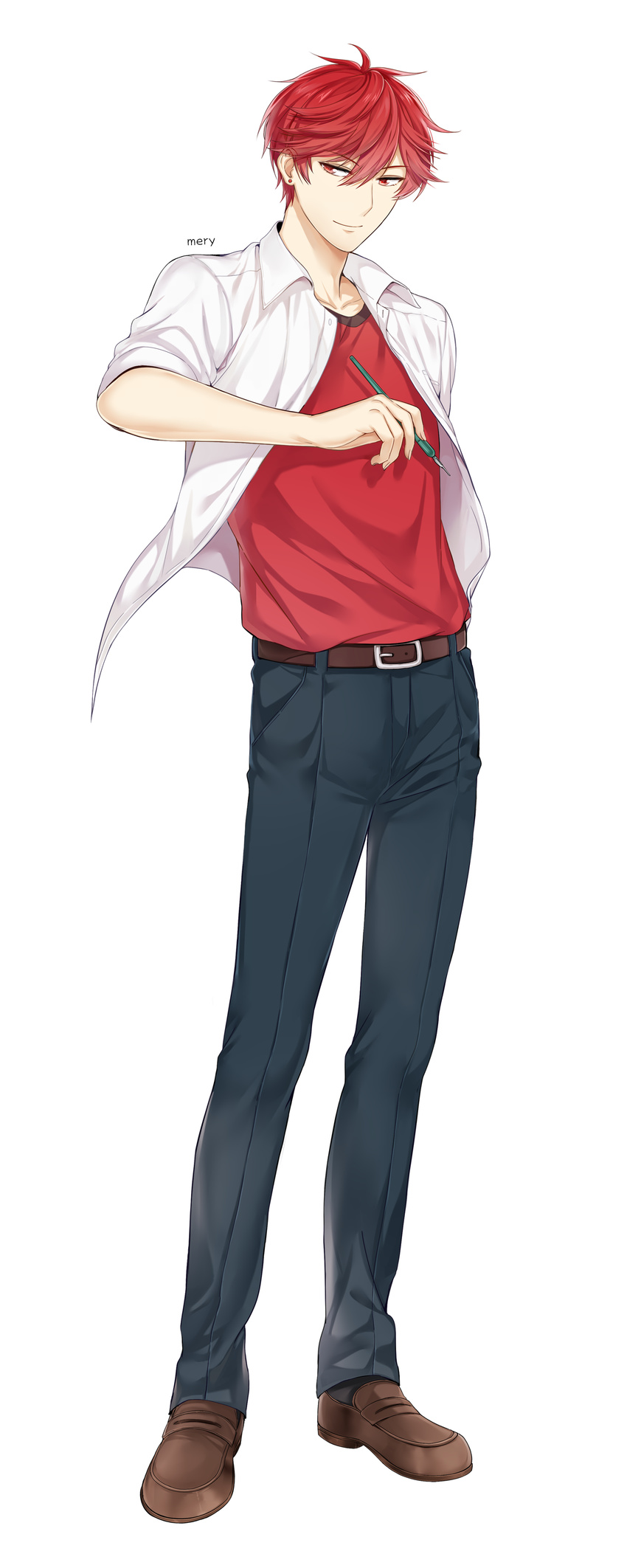 1boy absurdres artist_name bad_id bad_twitter_id belt earrings full_body gekkan_shoujo_nozaki-kun highres holding holding_pen jewelry looking_to_the_side male_focus mery_(yangmalgage) mikoshiba_mikoto open_clothes open_shirt pen red_eyes red_hair school_uniform shirt simple_background solo white_background white_theme