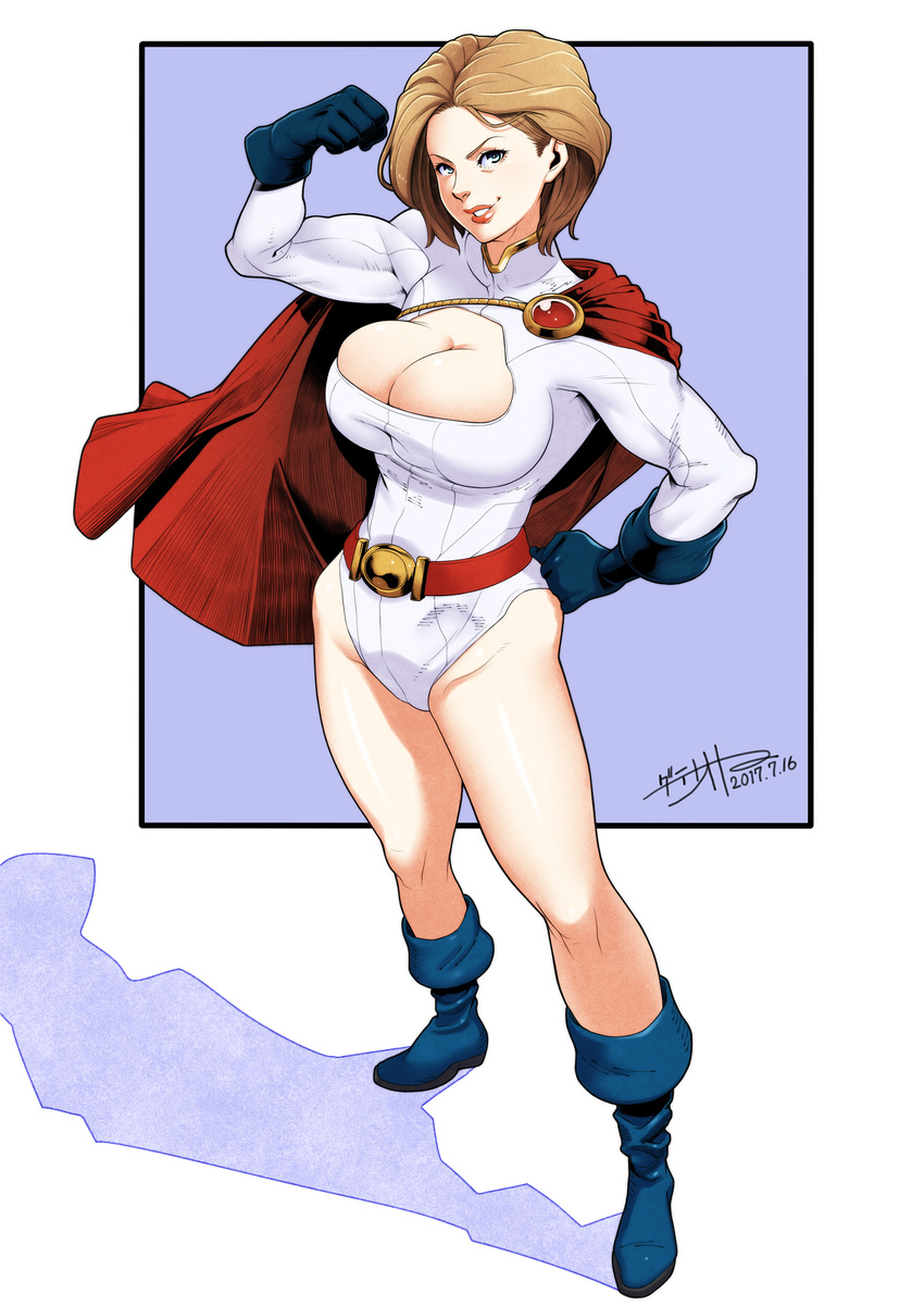 belt boots breasts cape commentary_request date_naoto dc_comics female gloves highres leotard looking_at_viewer muscular power_girl shadow short_hair superhero_costume superman_(series)