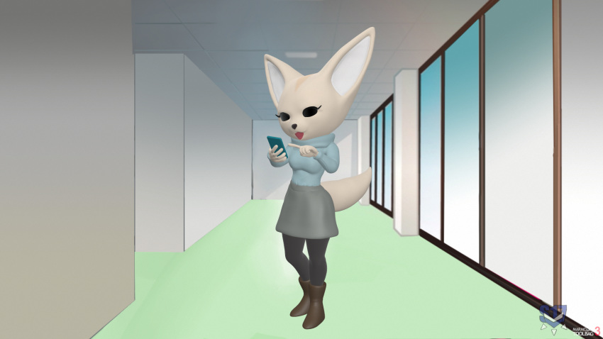 16:9 3d_(artwork) aggretsuko anthro black_eyes bottomwear canid canine cellphone chromakoros clothed clothing digital_media_(artwork) electronics fennec_fox fenneko fox fur hi_res mammal office pencil_skirt phone sanrio skirt solo true_fox widescreen yellow_body yellow_fur