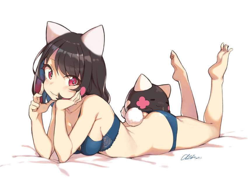 animal_ears artist_name bad_id bad_twitter_id bare_legs barefoot black_hair blue_bra blue_panties bra breasts butt_crack cleavage cloba closed_mouth commentary_request feet feet_up female full_body head_rest highres inactive_account light_smile looking_at_viewer lying medium_breasts on_stomach original panties pink_eyes player_2_(cloba) rabbit_tail short_hair solo tail the_pose underwear underwear_only