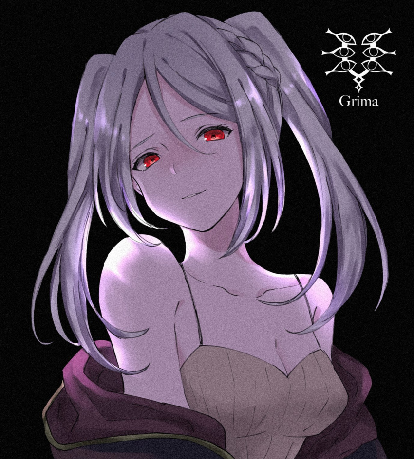 bad_id bad_twitter_id bare_shoulders black_background breasts camisole character_name cleavage commentary female fire_emblem fire_emblem_awakening fire_emblem_heroes grima_(fire_emblem) highres hoshido1214 long_hair red_eyes robin_(female)_(fire_emblem) robin_(fire_emblem) solo twintails upper_body white_hair