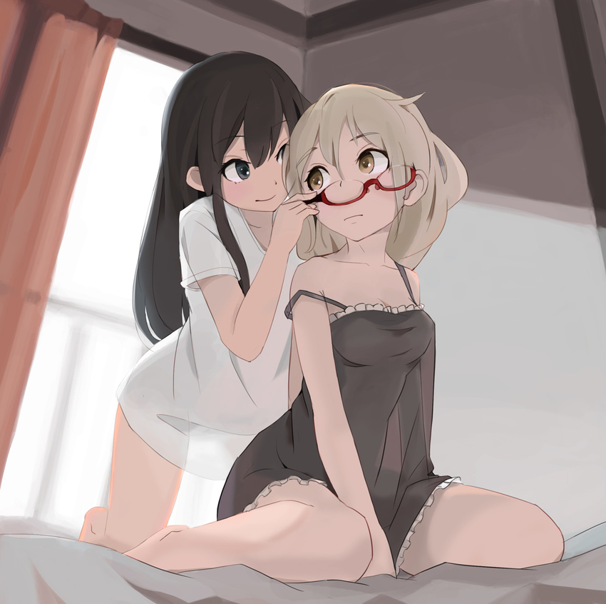 black_hair blonde_hair brown_eyes chemise glasses glasses_removed original red-framed_glasses rjngo see-through shirt strap_slip t-shirt wariza yuri