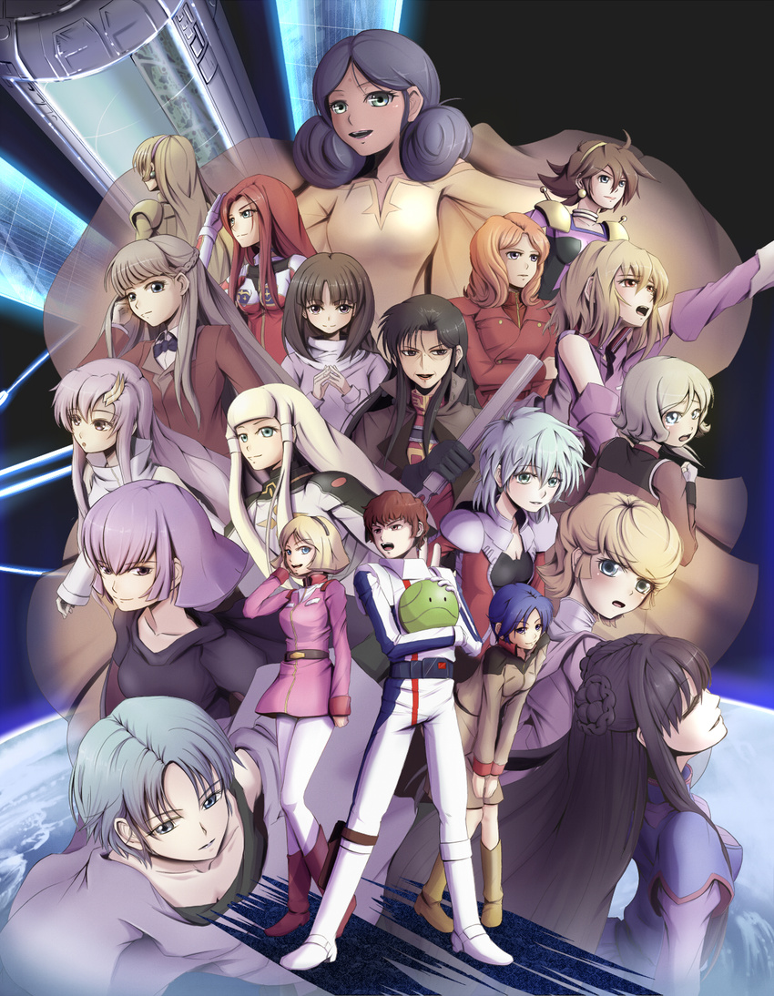 1boy 6+girls after_war_gundam_x aina_saharin amuro_ray audrey_burne black_hair blonde_hair blue_hair brown_hair cecily_fairchild chan_agi char's_counterattack christina_mackenzie cima_garahau crossover dianna_soreil emily_armond fan four_murasame g_gundam gundam gundam_00 gundam_0080 gundam_0083 gundam_08th_ms_team gundam_age gundam_f91 gundam_seed gundam_seed_destiny gundam_unicorn gundam_wing haman_karn haro katejina_loos lacus_clyne lalah_sune marina_ismail mineva_lao_zabi mobile_suit_gundam multiple_girls pilot_suit pink_hair rain_mikamura red_hair relena_peacecraft sayla_mass space_colony stellar_loussier tiffa_adill turn_a_gundam victory_gundam zeta_gundam