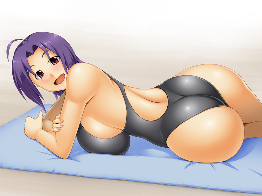 ahoge ass bare_shoulders beach breasts commentary_request competition_swimsuit derivative_work female huge_breasts idolmaster idolmaster_(classic) kawanuma_uotsuri looking_at_viewer lying miura_azusa nail_polish on_side one-piece_swimsuit purple_hair red_eyes sideboob smile solo swimsuit thighs twisted_torso