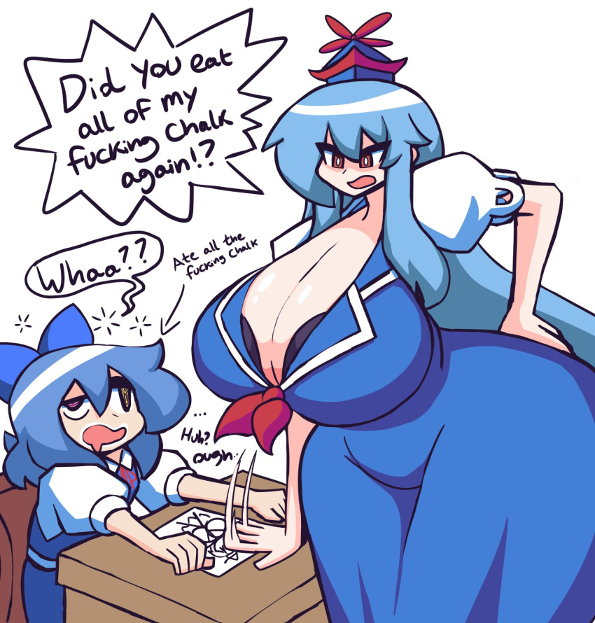 2girls angry blue_dress blue_hair blue_ribbon breasts chair cirno cleavage confused curvy desk dress eating_chalk english_text female_focus gensin gigantic_breasts hair_ribbon hat heterochromia highres kamishirasawa_keine keine_kamishirasawa leaning_forward long_hair mature_female meme milf mind_break multiple_girls older_female older_woman_and_teenage_girl paper ribbon short_hair sitting skirt standing thick_thighs thighs touhou white_background wide_hips