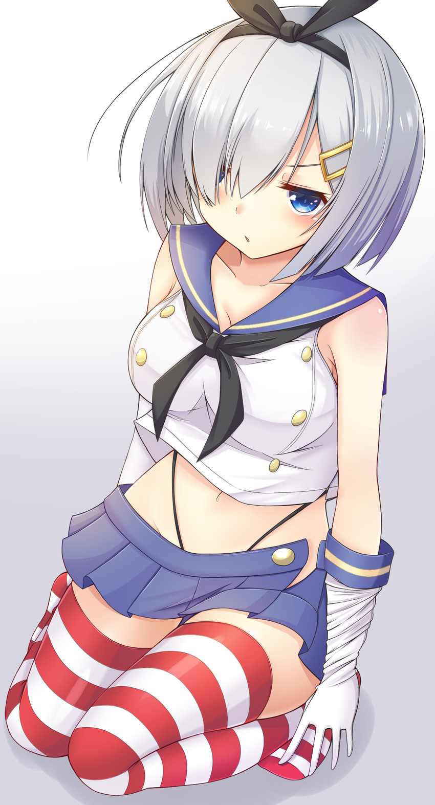 bad_id bad_pixiv_id bare_shoulders black_panties blue_eyes blue_skirt blush breasts buttons cosplay crop_top doyachii elbow_gloves eyes_visible_through_hair female gloves grey_hair hair_ornament hair_over_one_eye hairband hairclip hamakaze_(kancolle) highleg highleg_panties highres kantai_collection kneeling large_breasts looking_at_viewer miniskirt navel panties pleated_skirt school_uniform serafuku shimakaze_(kancolle) shimakaze_(kancolle)_(cosplay) short_hair skirt solo striped_clothes striped_thighhighs thighhighs underwear white_gloves