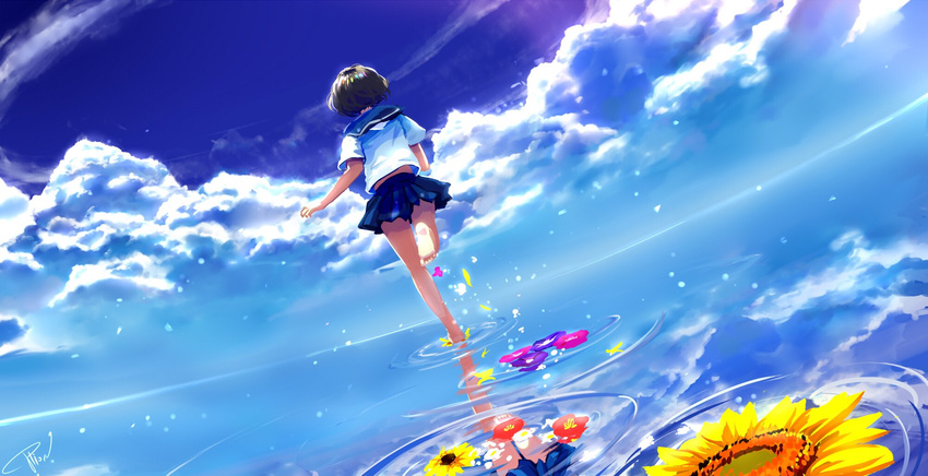 barefoot cloud commentary_request day female flower from_behind haru_no_ashioto highres potion_lilac reflection ripples running school_uniform serafuku short_hair sky solo sunflower walking walking_on_liquid water water_world