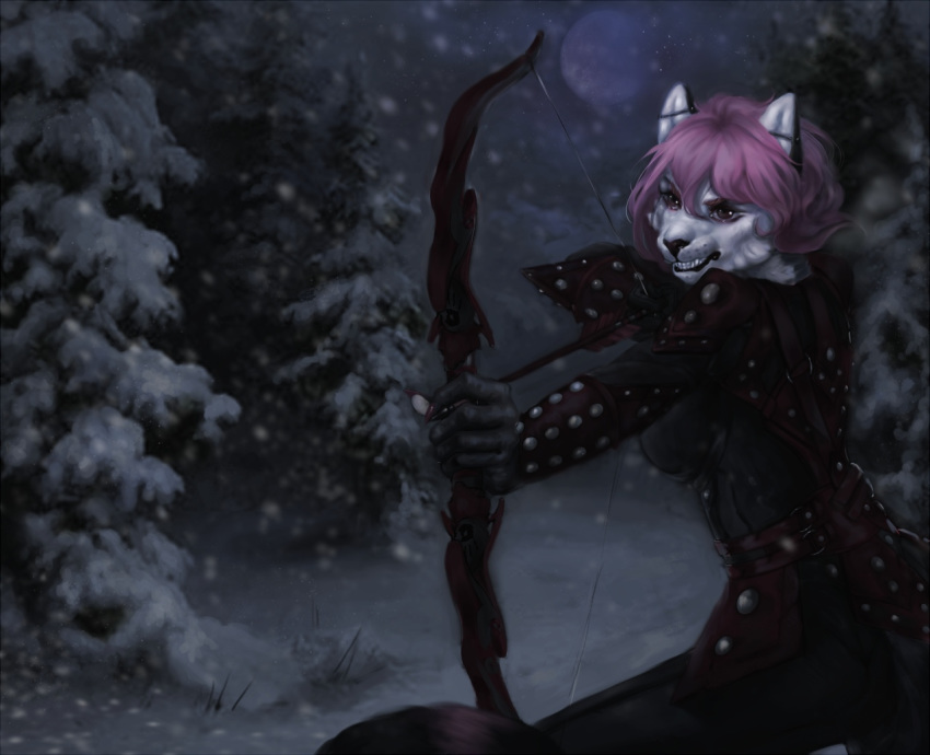 2019 5_fingers anthro arrow_(weapon) black_nose bow_(weapon) brown_eyes collaboration darzycat digital_media_(artwork) felid feline fingers hair holding_object holding_weapon mammal microsoft night particles pink_hair ranged_weapon raventenebris snow snowing solo standing the_elder_scrolls weapon