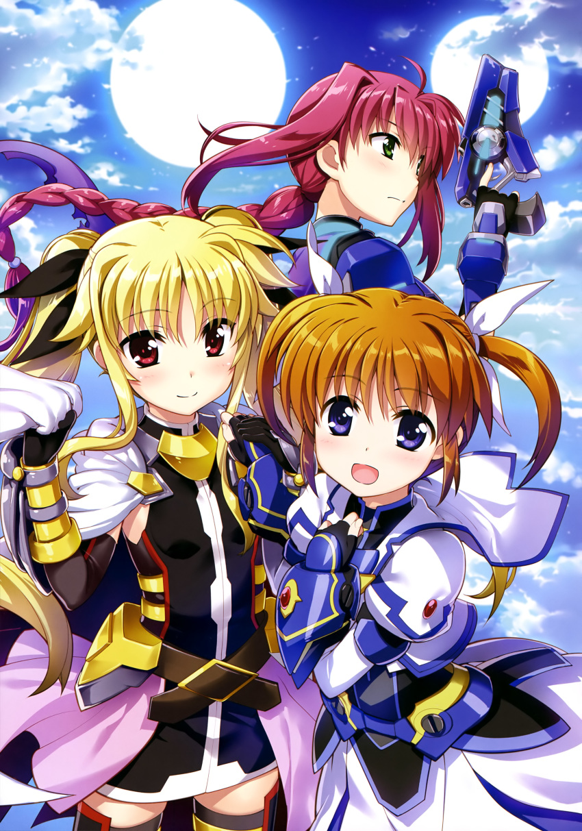 3girls :d absurdres ahoge amitie_florian armor belt black_bodysuit black_dress black_gloves black_ribbon black_shirt black_thighhighs blonde_hair blue_sky blush bodysuit braid braided_ponytail breasts brooch brown_belt brown_hair cape cloud cloudy_sky cropped_jacket dress elbow_gloves fate_testarossa fate_testarossa_(blaze_form_ii) fingerless_gloves fujima_takuya gauntlets gloves gold_trim green_eyes gun hair_between_eyes hair_ribbon hand_on_another's_hand hand_on_own_chest highres holding holding_cape holding_clothes holding_gun holding_weapon jacket jewelry juliet_sleeves long_hair long_sleeves looking_at_viewer looking_to_the_side lyrical_nanoha magical_girl mahou_shoujo_lyrical_nanoha_reflection multiple_girls multiple_moons neon_trim night official_art open_mouth outdoors overskirt pink_hair pink_skirt print_dress puffy_sleeves purple_cape purple_eyes red_eyes ribbon scan shirt short_dress short_hair short_twintails shoulder_armor single_braid skindentation skirt sky small_breasts smile takamachi_nanoha takamachi_nanoha_(exelion_mode_modified) thighhighs trigger_discipline twintails variant_zapper weapon white_cape white_jacket white_ribbon white_skirt zettai_ryouiki