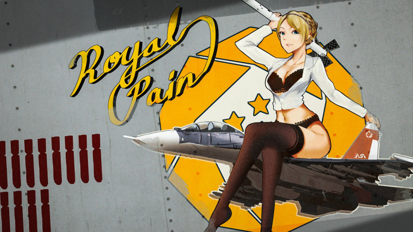 ace_combat ace_combat_7 black_bra black_legwear black_panties blonde_hair blue_eyes bra braid breasts cleavage commentary crossed_legs crown_braid english_text feet_out_of_frame female highres holding holding_weapon jacket kowaremashita legs long_sleeves no_pants nose_art panties protected_link rosa_cossette_d'elise sitting star_(symbol) su-30 thighhighs thighs underwear weapon white_jacket