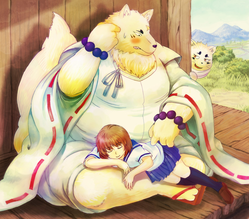 2012 anthro blush canid canine clothing duo female fox fur gingitsune gintaro haru_(gingitsune) hi_res human humanoid_hands lako male mammal outside overweight overweight_male robe sitting white_body white_fur