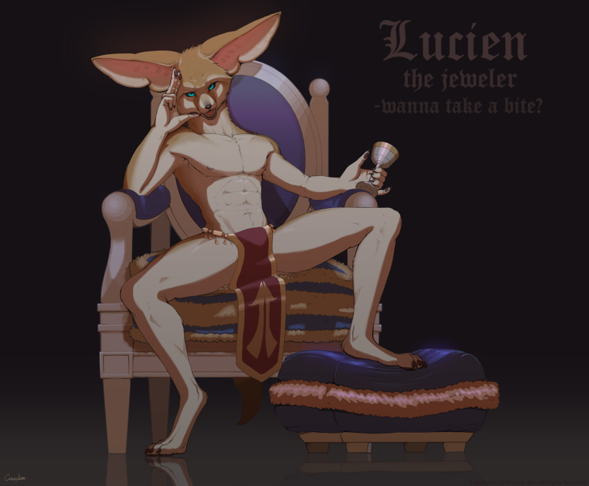 alcohol ancient anthro barefoot beverage blue_eyes bottomwear canid canine chair clothed clothing detailed english_text feet fennec_fox footstool fox furniture hi_res kzlion loincloth looking_at_viewer lure male mammal medieval question_mark seductive simple_background sitting smile solo teeth text topless true_fox wine