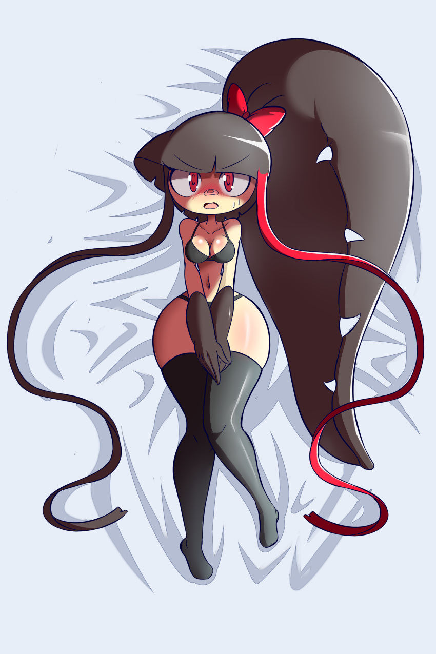 absurdres bandaid black_hair blunt_bangs bow breasts collarbone commentary dakimakura_(medium) english_commentary extra_mouth female gaghiel_(diives) hairbow highres humanization long_hair looking_at_viewer lucyfer mawile navel open_mouth pokemon pokemon_(creature) red_bow red_eyes solo sweatdrop thighhighs underwear wide_hips