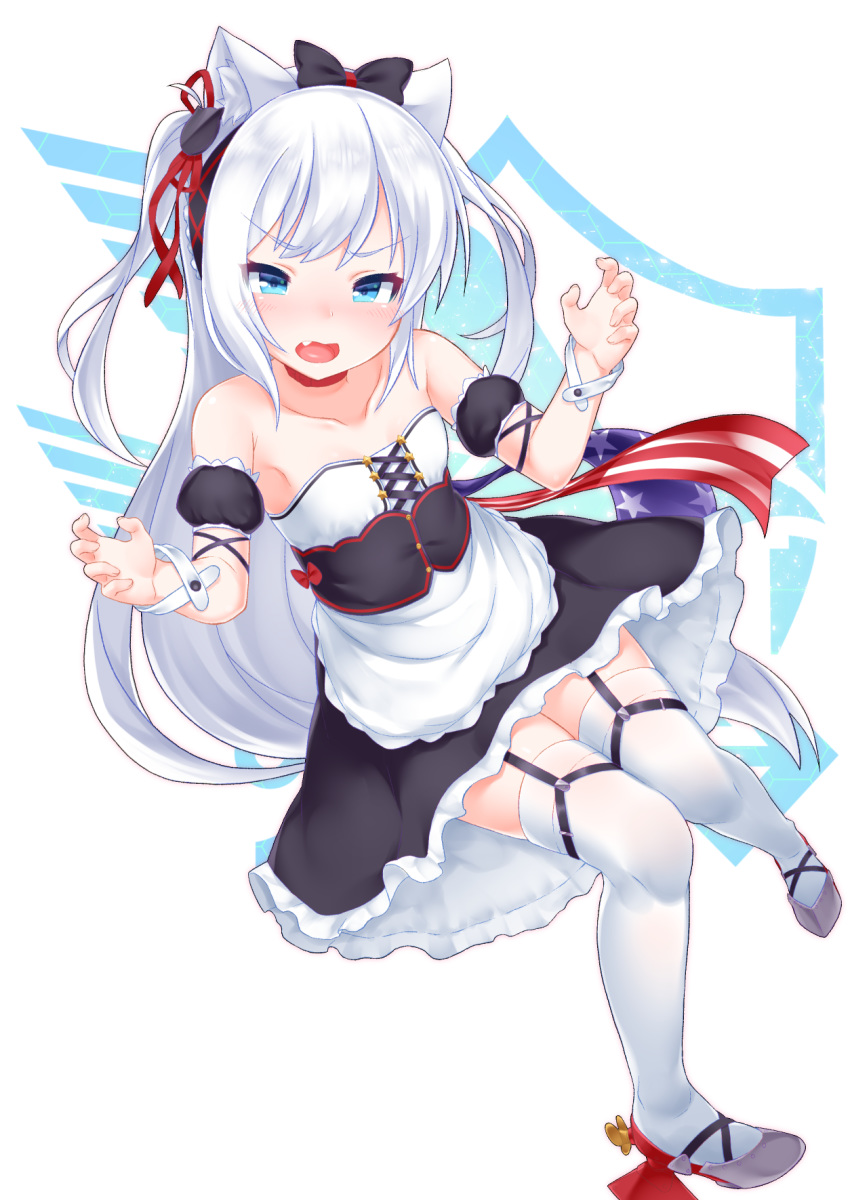 american_flag american_flag_print animal_ear_fluff animal_ears apron azur_lane bare_shoulders black_bow black_dress blue_eyes blush bow bowtie breasts cat_ears cat_girl cat_hair_ornament choker collarbone commentary_request cross-laced_clothes cross-laced_dress cuff_links detached_sleeves dress eagle_union_(emblem) female flag_print floating_hair frilled_apron frilled_dress frilled_hairband frilled_sleeves frills frown full_body garter_straps grey_footwear hair_ornament hairband hairbow hammann_(azur_lane) hammann_(retrofit)_(azur_lane) highres kirisame_mia legwear_garter long_hair maid neckerchief oerba_yun_fang one_side_up open_mouth propeller_footwear puffy_short_sleeves puffy_sleeves red_bow red_bowtie red_choker red_ribbon ribbon rudder_footwear short_sleeves simple_background small_breasts solo strapless strapless_dress thighhighs v-shaped_eyebrows very_long_hair waist_apron waist_bow white_apron white_background white_hair white_thighhighs wrist_cuffs