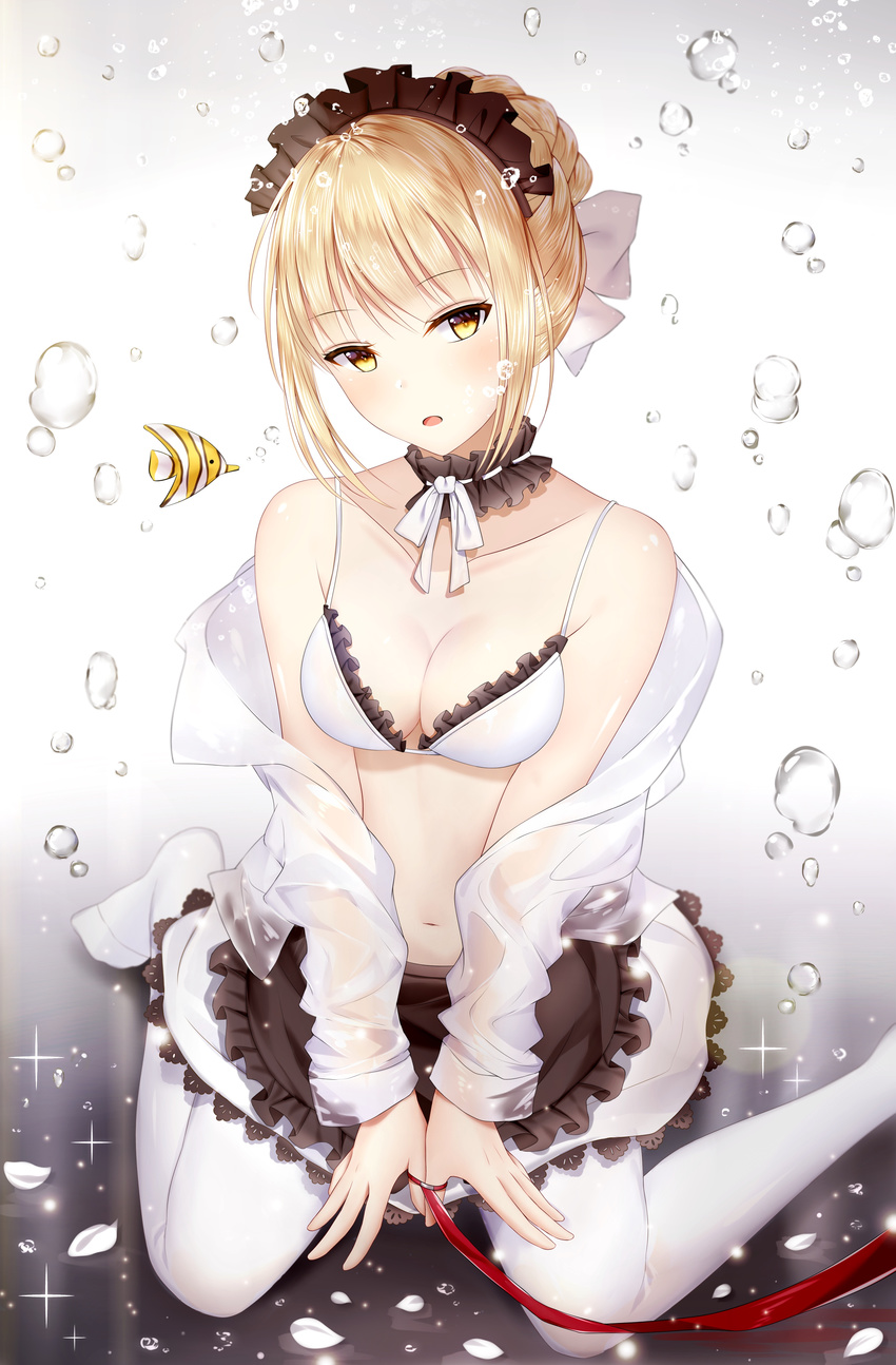 :o absurdres air_bubble animal apron artoria_pendragon_(fate) bikini bikini_top_only bikini_under_clothes black_apron black_choker blonde_hair bound bound_fingers bow braid breasts bubble choker cleavage commentary_request fate/grand_order fate_(series) female fish flying_fish french_braid frilled_apron frilled_bikini frilled_choker frilled_skirt frills full_body hair_bun hair_ornament hairbow highres hood hood_down hoodie jacket junpaku_karen lens_flare long_sleeves looking_at_viewer maid_headdress medium_breasts midriff navel neck_ribbon open_clothes open_hoodie open_mouth pantyhose parted_lips petals red_ribbon ribbon saber_alter see-through short_hair sidelocks single_hair_bun sitting skirt solo spaghetti_strap sparkle stomach strap_gap swimsuit tropical_fish underwater waist_apron wariza water_drop white_bikini white_bow white_hoodie white_jacket white_pantyhose white_ribbon yellow_eyes