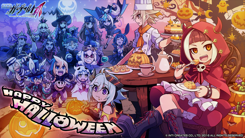 6+boys 6+girls acura_(gunvolt) asroc_(gunvolt) azure_striker_gunvolt azure_striker_gunvolt_2 chef chef_hat cosplay costume eating fork ghauri_(gunvolt) ghost_costume gibril_(gunvolt) goggles goggles_on_head graveyard gun gunvolt halloween handgun happy_halloween hat hatakeyama_yoshitaka highres lab_coat logo lumen_(gunvolt) moon multicolored_hair multiple_boys multiple_girls mysterious_girl_(gunvolt) mytyl_(gunvolt) nike_(gunvolt) nimrod_(gunvolt) nowa_(gunvolt) official_art official_wallpaper ouka_(gunvolt) pirate plate roro_(gunvolt) streaked_hair table tenjian_(gunvolt) teseo_(gunvolt) watermark weapon white_rabbit_(alice_in_wonderland) white_rabbit_(alice_in_wonderland)_(cosplay) witch_hat xiao_wu_(gunvolt)