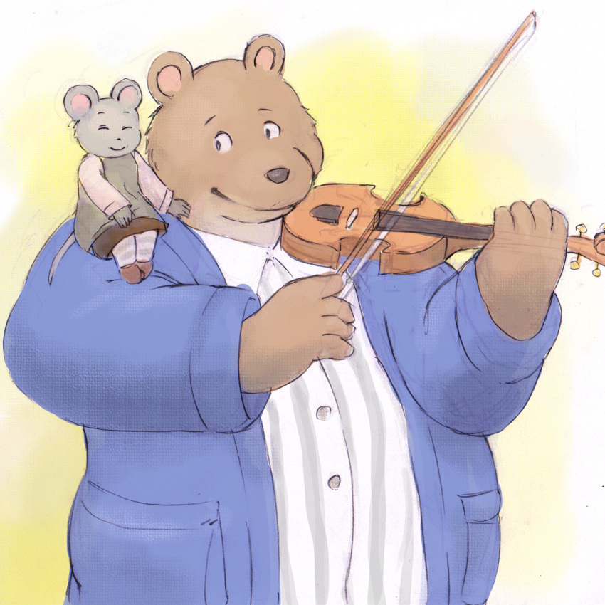 1:1 2014 anthro bear belly brown_body brown_fur celestine_(ernest_and_celestine) closed_eyes clothing duo ernest_(ernest_and_celestine) ernest_and_celestine female fur hi_res lako male mammal mouse murid murine musical_instrument overweight overweight_male rodent shirt simple_background sitting topwear