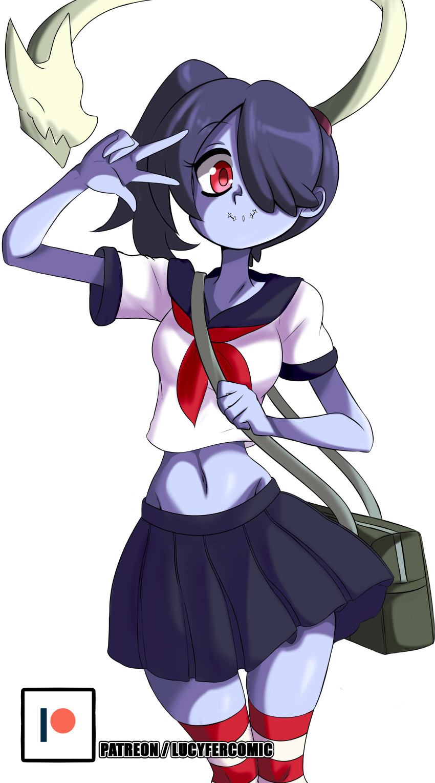 absurdres alternate_costume arm_up artist_name bag bangs blue_sailor_collar blue_skin blue_skirt breasts closed_eyes closed_mouth eyebrows_visible_through_hair female female hair_over_one_eye hand_up happy highres legs_together leviathan_(skullgirls) looking_at_viewer midriff miniskirt navel neckerchief patreon_logo patreon_username pleated_skirt purple_hair red_eyes red_legwear red_neckwear sailor_collar school_uniform serafuku shiny shiny_hair shiny_skin shirt short_sleeves side_ponytail simple_background skindentation skirt skullgirls small_breasts smile solo squigly_(skullgirls) standing stitched_mouth stitches striped striped_legwear thigh_gap thighhighs tied-hair w watermark web_address white_background white_shirt zanatemx zettai_ryouiki zombie