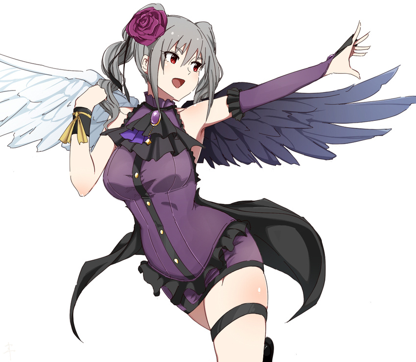 :d armpit_peek asymmetrical_wings bare_shoulders breasts commentary_request cowboy_shot elbow_gloves feathered_wings female flower gloves green_hair hair_flower hair_ornament idolmaster idolmaster_cinderella_girls kanzaki_ranko large_breasts medium_hair open_mouth outstretched_arm red_eyes red_flower red_rose rose rosenburg_engel_(idolmaster) senju_(snz0) simple_background skindentation smile solo thigh_strap twintails white_background wings