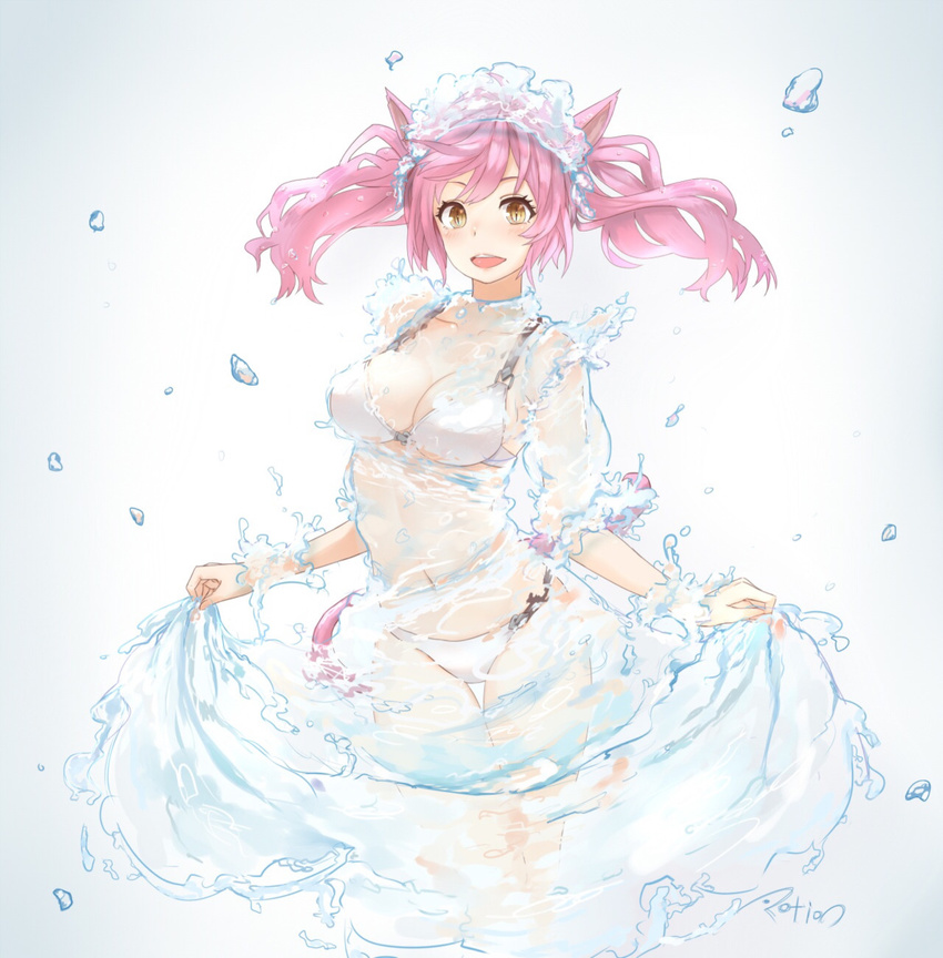 animal_ears artist_name bikini blush bra breasts cat_ears cat_tail dress female final_fantasy final_fantasy_xiv headdress highres large_breasts long_hair open_mouth panties pink_hair potion_lilac(popopotionu) skirt_hold smile solo swimsuit tail twintails underwear water water_dress yellow_eyes